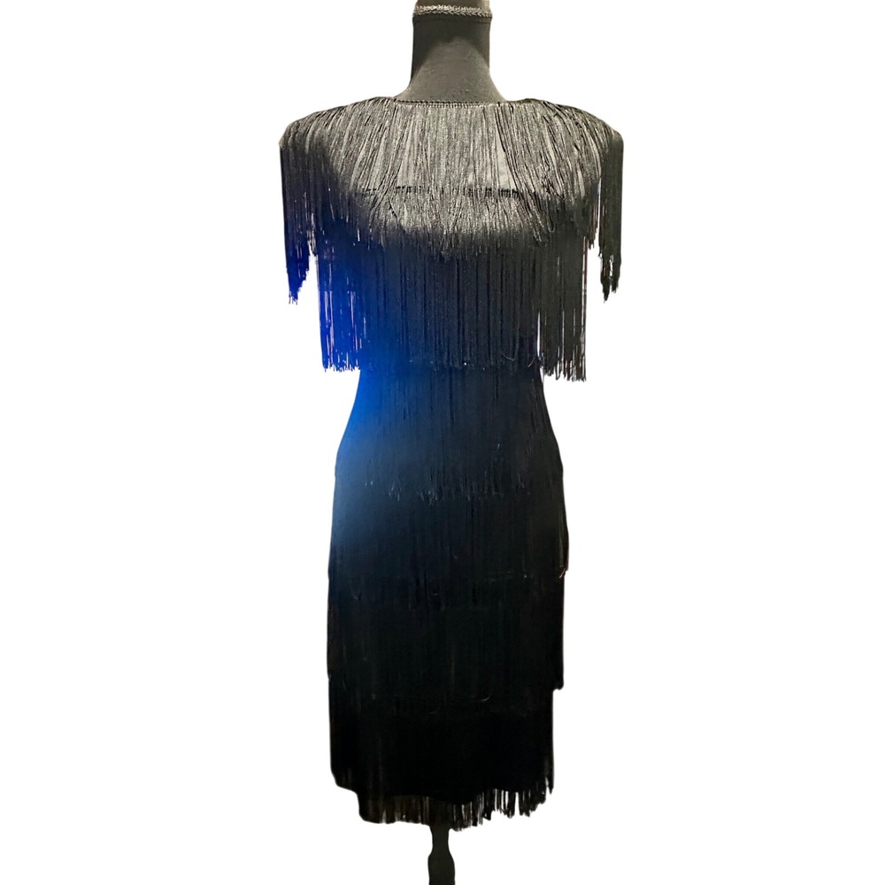 HW Collection Vintage Black Fringe Tiered Flapper Cocktail Dress Womens 8 USA